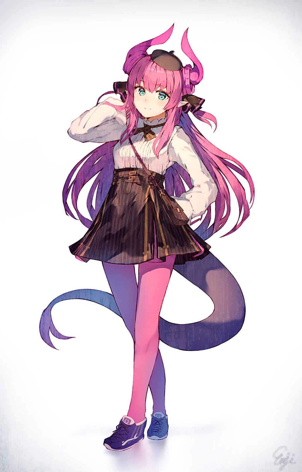 adjusting_hair alternate_costume arm_up artist_name bag bangs beret black_footwear black_hat black_skirt blouse blue_eyes blush closed_mouth curled_horns dragon_tail elizabeth_bathory_(fate) elizabeth_bathory_(fate)_(all) enj! eyebrows_visible_through_hair fate/extra fate/extra_ccc fate_(series) full_body gradient gradient_background grey_background hand_in_hair hat high-waist_skirt highres horns long_hair long_sleeves looking_at_viewer mini_hat pantyhose pink_hair pink_legwear pointy_ears shirt shoes signature skirt smile sneakers solo standing tail tareme thigh_gap white_blouse white_shirt