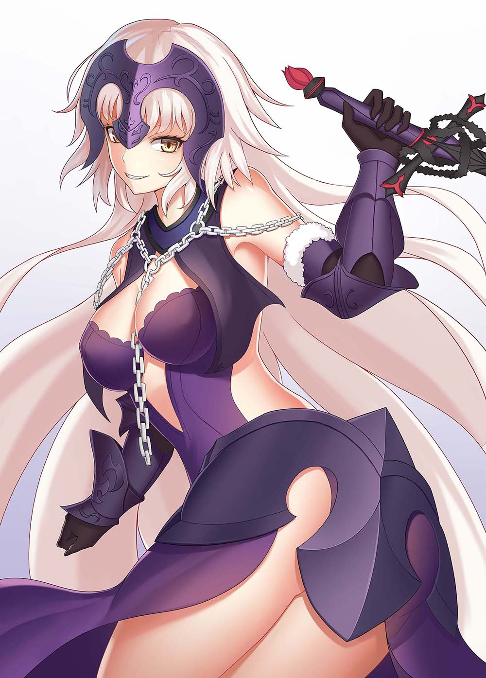 ass bare_shoulders breasts chain cleavage commentary_request dutch_angle fate/grand_order fate_(series) gauntlets gloves headpiece highres jeanne_d'arc_(alter)_(fate) jeanne_d'arc_(fate)_(all) large_breasts long_hair ryuubou side_slit smile solo sword thighs weapon white_background yellow_eyes