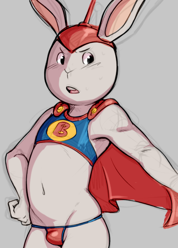 anthro armor arthur_(series) blush buckteeth bulge buster_baxter cape clothed clothing crop_top cub dandi hand_on_hip helmet lagomorph male mammal navel panties pose rabbit shirt simple_background skimpy solo super_hero teeth underwear young