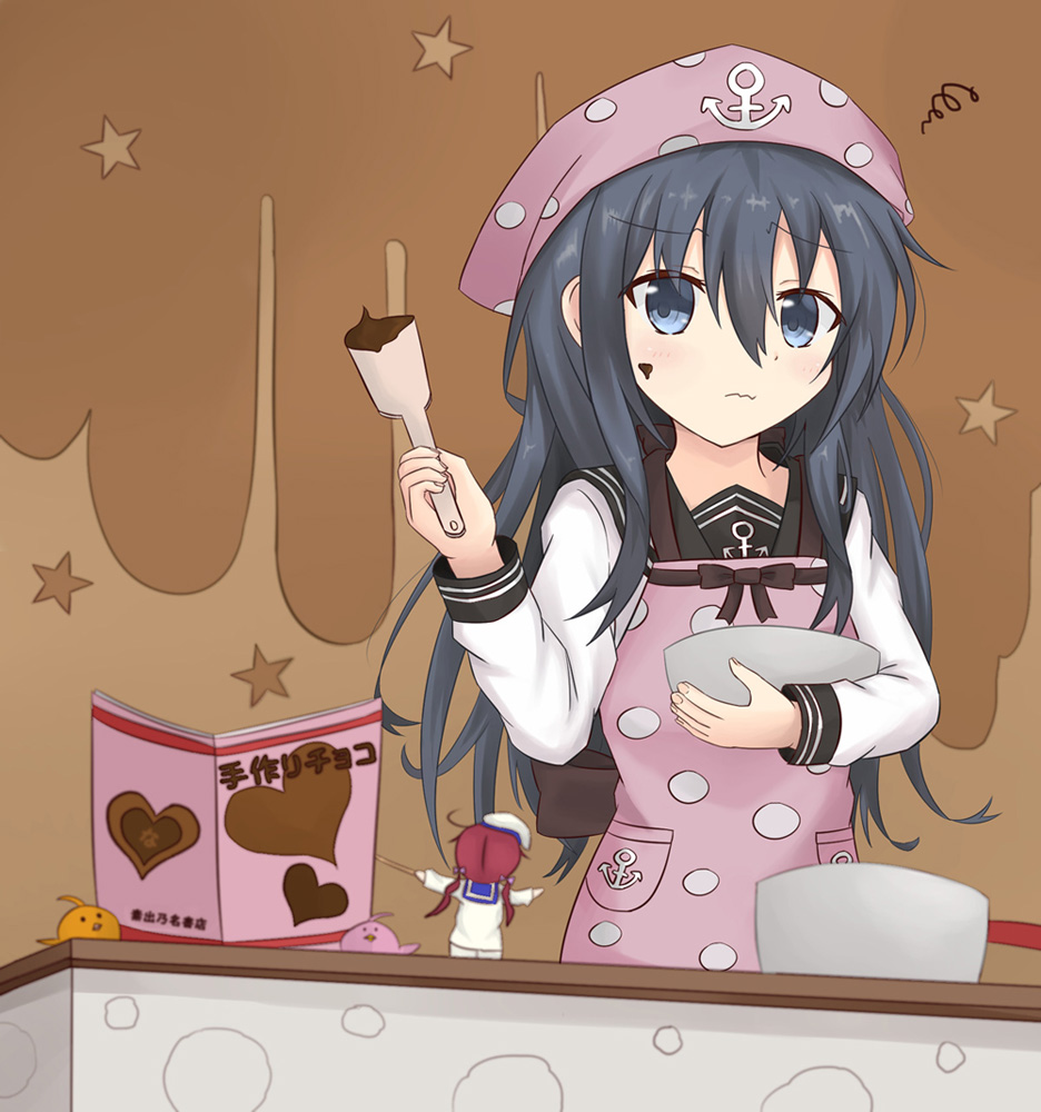 akatsuki_(kantai_collection) anchor_symbol apron bangs beret bird black_hair blue_eyes blush bow bowl brown_background chibi chocolate chocolate_on_face closed_mouth commentary_request eyebrows_visible_through_hair fairy_(kantai_collection) fingernails food food_on_face hair_between_eyes hair_bow hat head_scarf holding holding_bowl kantai_collection long_hair long_sleeves looking_away looking_to_the_side low_twintails mixing_bowl moai21 pink_apron pink_bow pocket pointing polka_dot polka_dot_apron red_hair sailor school_uniform serafuku shirt spatula squiggle star starry_background twintails valentine wavy_mouth white_hat white_shirt