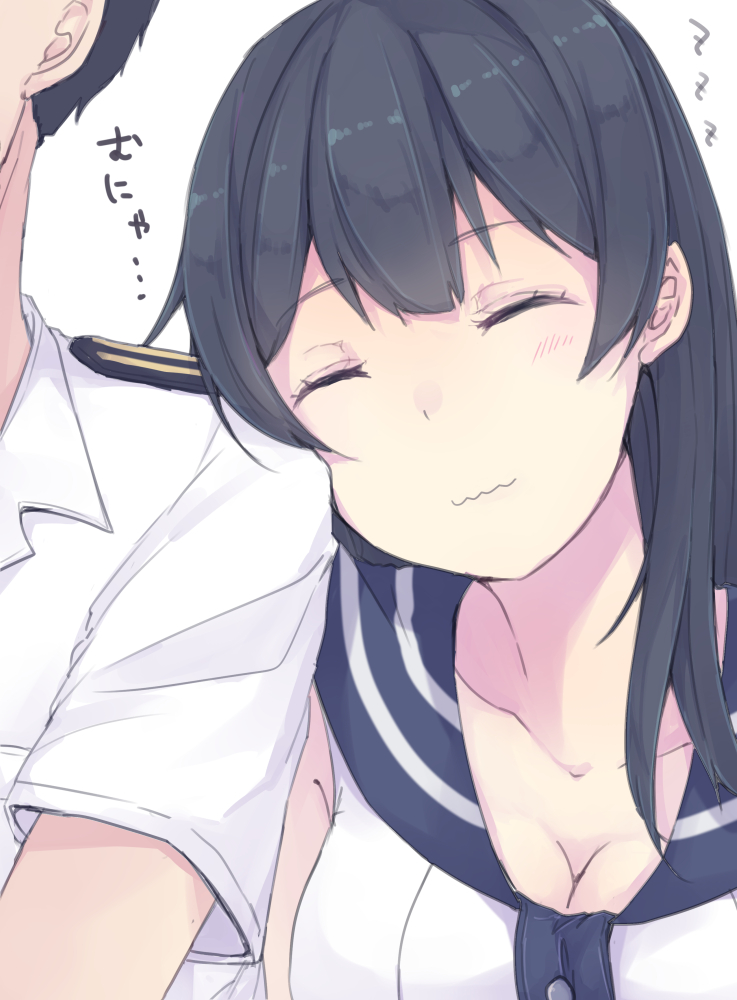 1girl agano_(kantai_collection) bangs black_hair blush breasts cleavage closed_eyes closed_mouth commentary_request eyebrows_visible_through_hair head_out_of_frame head_tilt kantai_collection long_hair medium_breasts sailor_collar shikajima_shika shirt short_sleeves simple_background sleeping sleeping_upright smile solo_focus translation_request upper_body wavy_mouth white_background white_shirt zzz