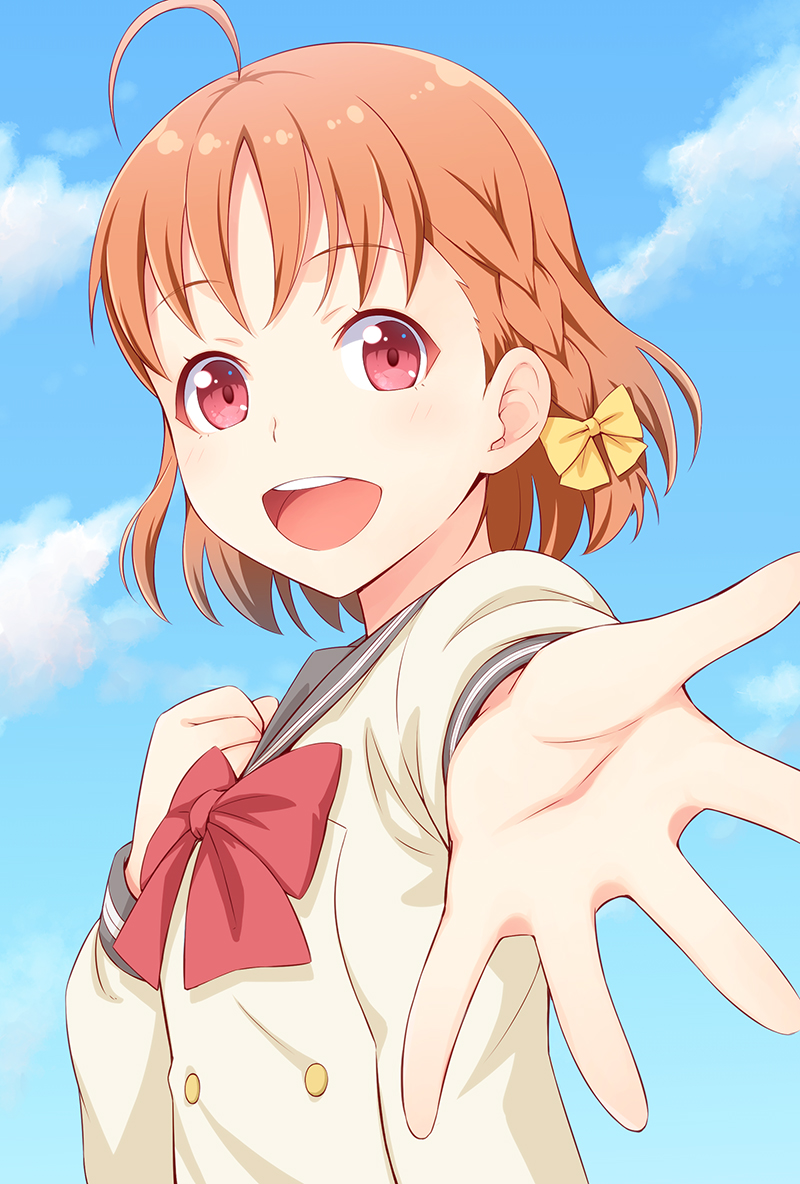 ahoge braid clenched_hand cloud day ha-ru hand_on_own_chest long_sleeves looking_at_viewer love_live! love_live!_sunshine!! open_hand orange_hair reaching_out red_hair red_ribbon ribbon round_teeth school_uniform short_hair side_braid sky takami_chika teeth uranohoshi_school_uniform yellow_ribbon