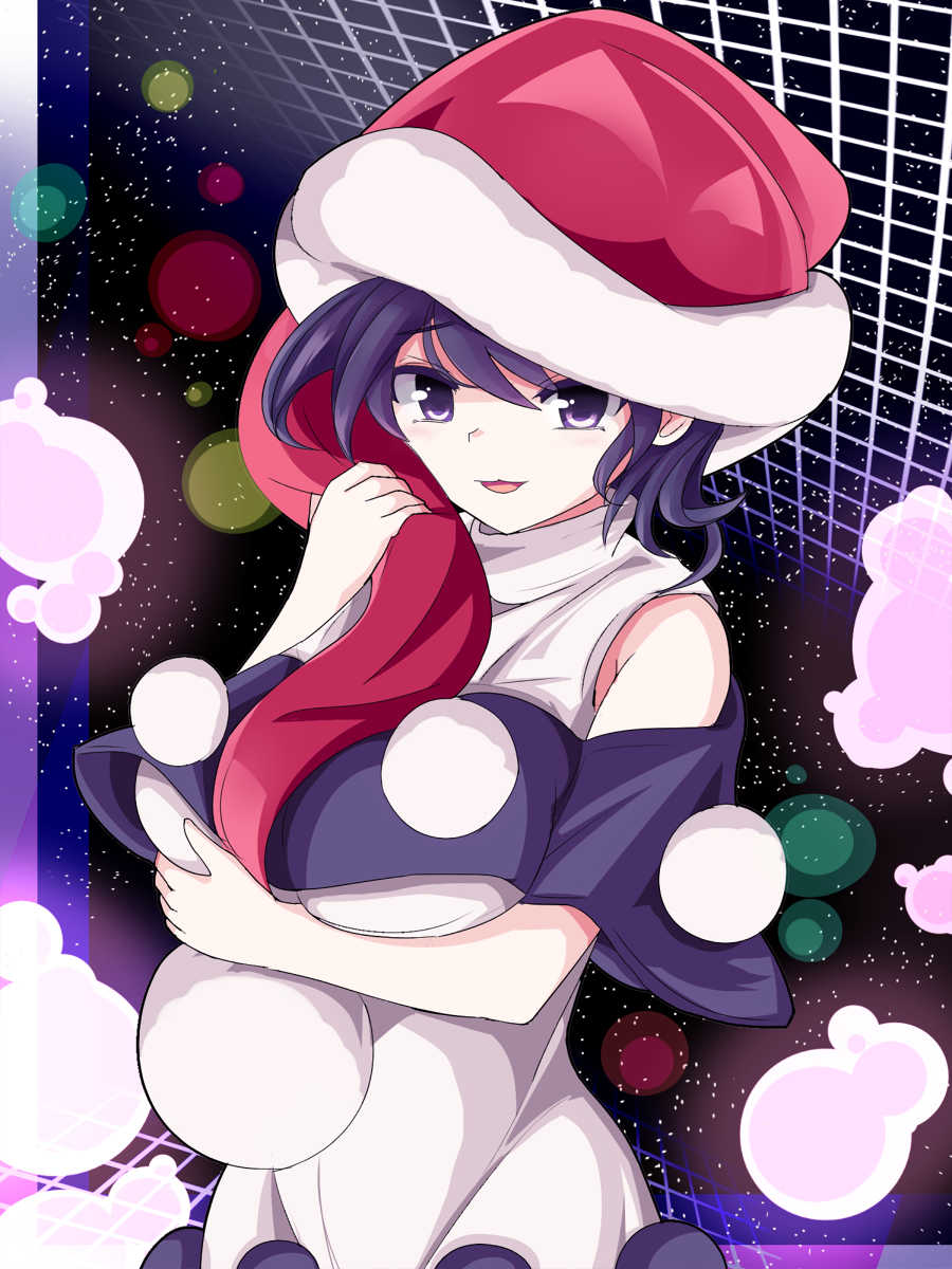 :3 :d adda antinomy_of_common_flowers bare_arms bare_shoulders between_breasts breast_hold breasts doremy_sweet dress glowing hat highres large_breasts light_particles looking_at_viewer nightcap open_mouth pom_pom_(clothes) purple_eyes purple_hair red_hat short_hair smile solo touhou turtleneck upper_body