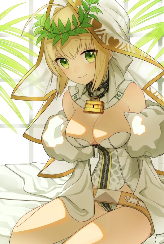 bare_shoulders blonde_hair breasts bridal_veil chain cleavage eyebrows_visible_through_hair fate/grand_order fate_(series) green_eyes kinsenka_momi large_breasts lock looking_at_viewer nero_claudius_(bride)_(fate) nero_claudius_(fate)_(all) padlock sidelocks smile solo veil white_sleeves