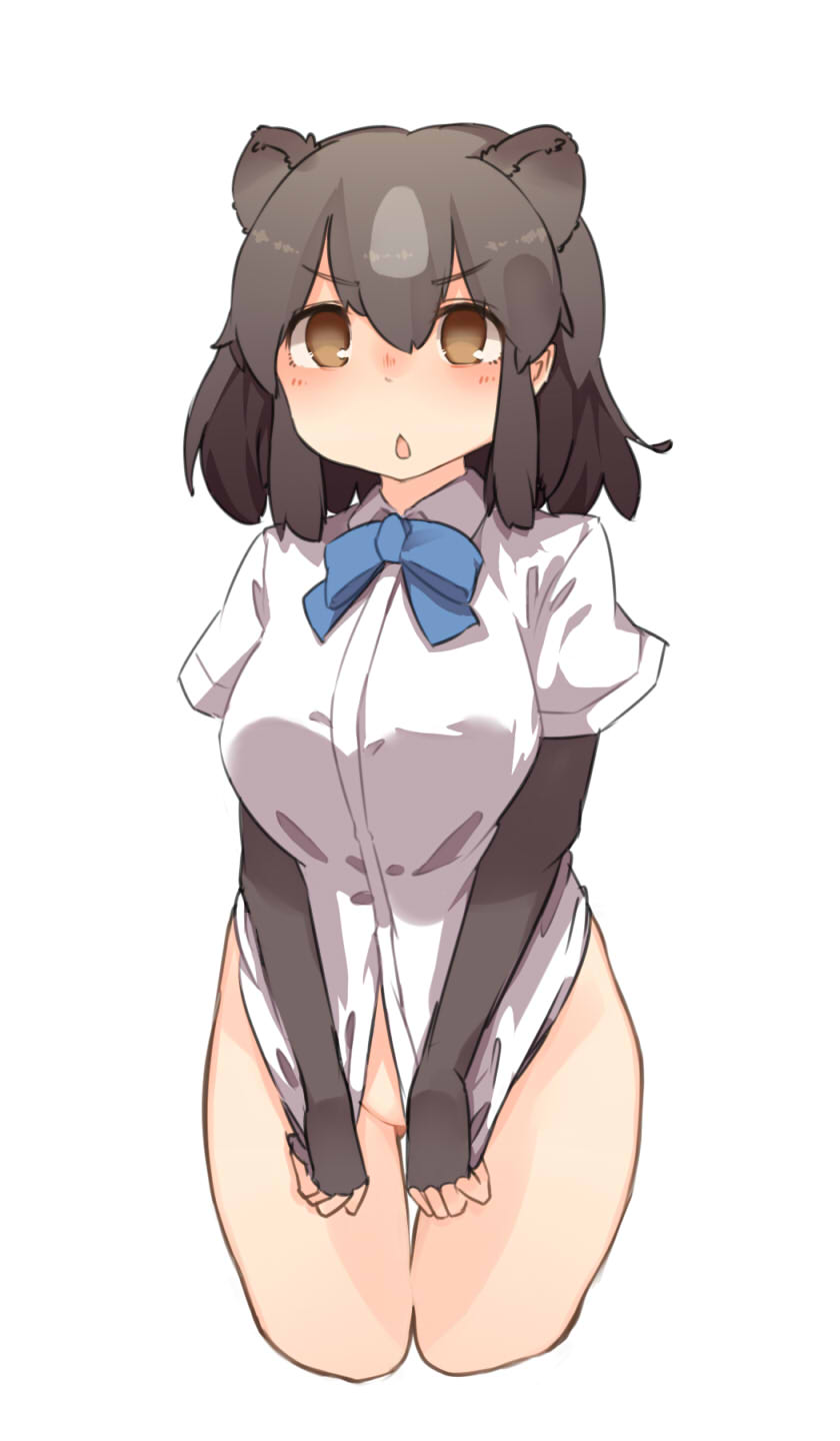 animal_ears apupuru ass_visible_through_thighs bear_ears bear_girl black_hair blush bottomless brown_bear_(kemono_friends) brown_eyes chestnut_mouth covering covering_crotch cropped_legs elbow_gloves embarrassed eyebrows_visible_through_hair fingerless_gloves gloves grey_hair hair_between_eyes highres kemono_friends looking_at_viewer multicolored_hair naked_shirt open_mouth shirt shirt_tug short_hair simple_background solo standing thigh_gap upper_body white_background white_shirt