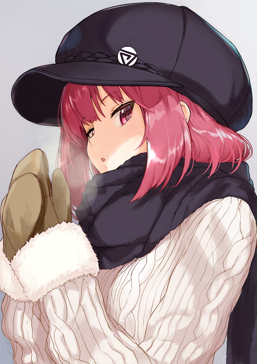 :o ariaria_(netsuki) bangs black_hat black_scarf breath cabbie_hat commentary_request eyebrows_visible_through_hair fur_trim grey_background hat highres long_sleeves looking_at_viewer miruto_netsuki mittens open_mouth original own_hands_together pink_eyes pink_hair ribbed_sweater scarf short_hair simple_background solo sweater tsurime upper_body white_sweater