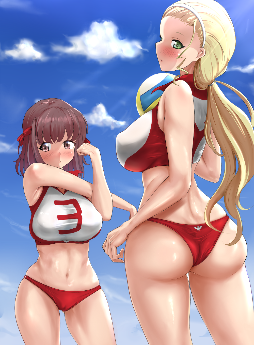 ass ass_visible_through_thighs bird blonde_hair blue_sky blush breasts brown_eyes brown_hair cameltoe cloud commentary_request covered_nipples cowboy_shot day duck eyebrows_visible_through_hair from_behind girls_und_panzer green_eyes hair_pulled_back hair_ribbon hairband highres kondou_taeko large_breasts long_hair looking_at_viewer looking_back low_ponytail midriff multiple_girls navel open_mouth outdoors p_kotarou ponytail red_shirt red_shorts ribbon sasaki_akebi shiny shiny_skin shirt short_hair short_shorts shorts sky sleeveless sleeveless_shirt sportswear stretch taut_clothes taut_shirt volleyball volleyball_uniform