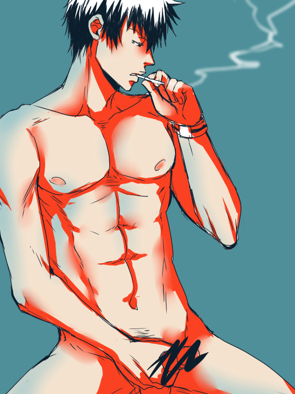 1boy abs cigarette erection kougami_shin'ya male_focus nana_(mioumiou46) nude penis psycho-pass sitting smoke smoking solo testicle