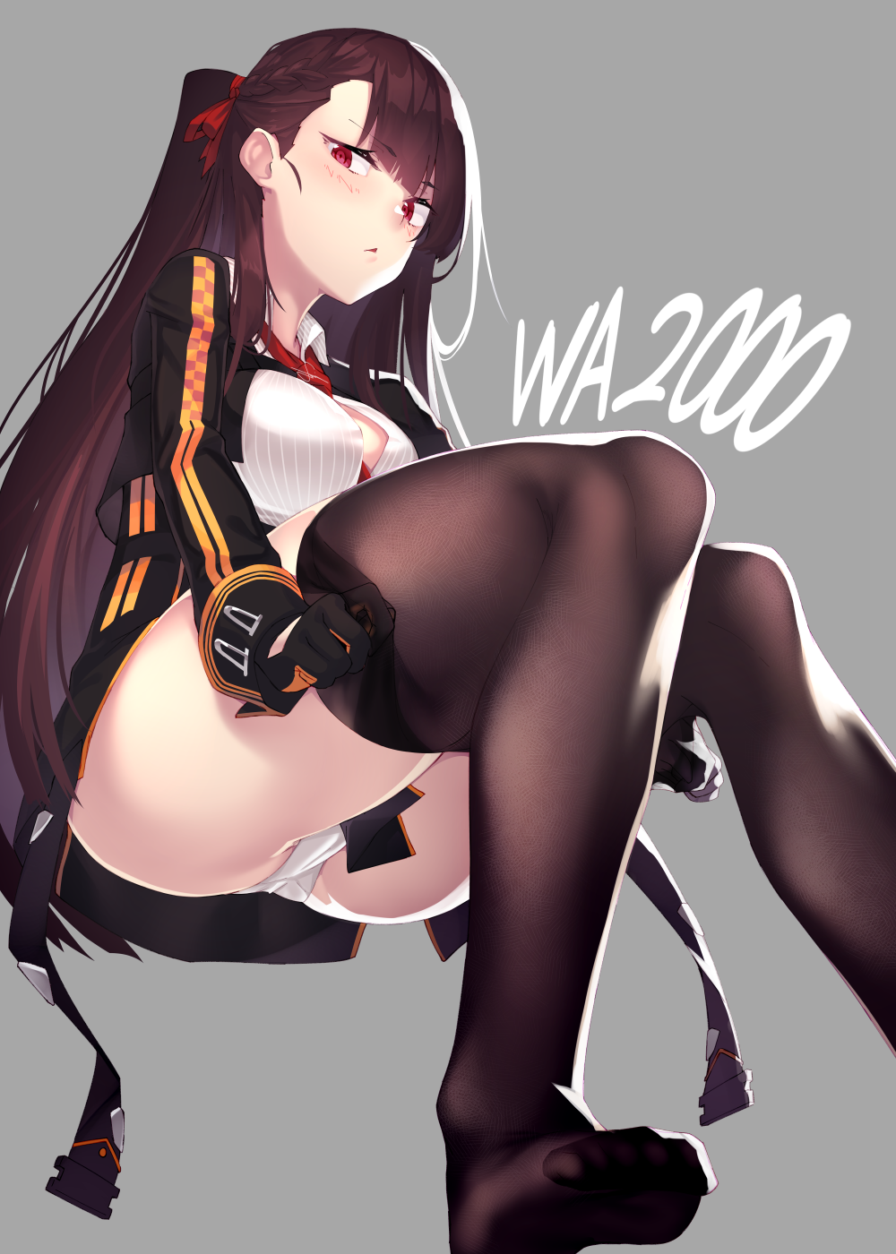 asymmetrical_bangs bangs between_breasts black_gloves black_legwear black_skirt blush breasts brown_hair character_name closed_mouth collared_shirt cropped_jacket dev dressing eyebrows_visible_through_hair feet_out_of_frame from_below girls_frontline gloves grey_background high-waist_skirt highres jacket long_hair long_sleeves looking_at_viewer medium_breasts necktie one_side_up open_clothes open_jacket panties pantyhose pantyhose_pull purple_eyes red_neckwear revision shirt simple_background sitting skirt solo thighs tsurime underbust underwear wa2000_(girls_frontline) white_panties white_shirt