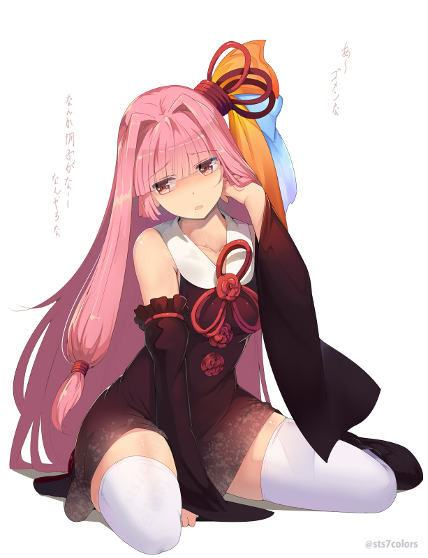 bangs bare_shoulders black_dress blunt_bangs blush commentary_request detached_sleeves dress flower full_body hair_intakes hair_ornament hair_ribbon kotonoha_akane long_hair long_sleeves looking_away parted_lips pink_hair red_eyes red_flower red_rose ribbon rose sitting solo sts thighhighs translation_request very_long_hair voiceroid white_legwear wide_sleeves