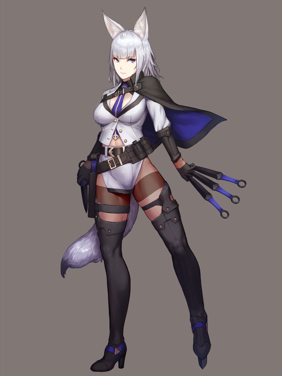 animal_ears between_breasts black_gloves blue_eyes blush boots breasts capelet fox_ears fox_tail gloves highres kageshio_(276006) kunai long_hair looking_at_viewer medium_breasts navel necktie necktie_between_breasts original pantyhose sekka_(kageshio) silver_hair solo tail thigh_boots thighband_pantyhose thighhighs weapon