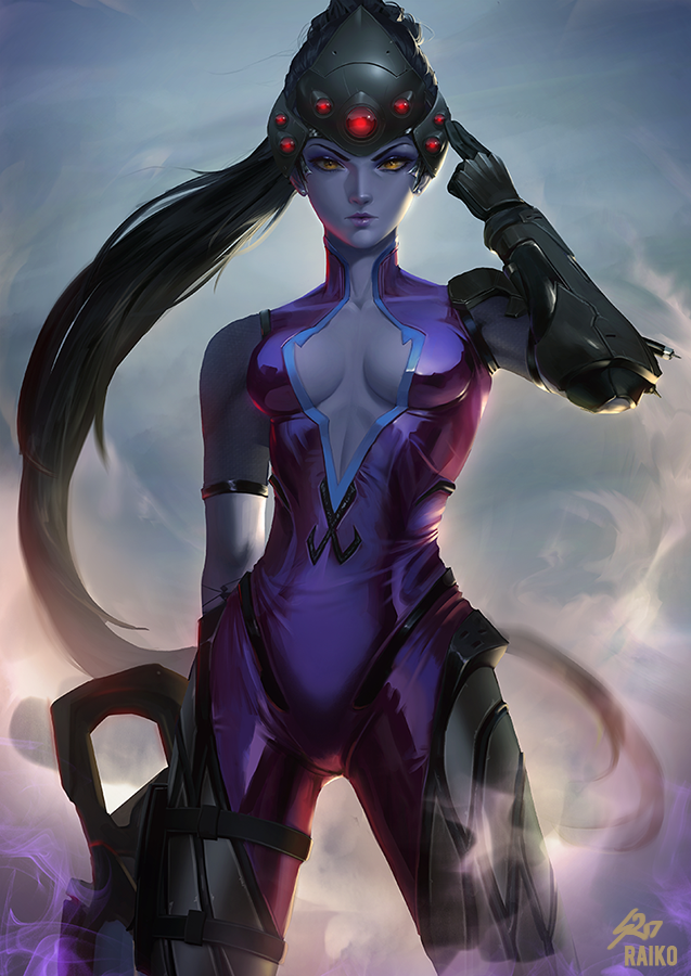 black_hair bodysuit breasts center_opening cleavage gun headgear holding holding_gun holding_weapon lipstick long_hair looking_at_viewer makeup medium_breasts overwatch ponytail purple_lips purple_lipstick purple_skin raikoart rifle signature simple_background solo standing weapon widowmaker_(overwatch) yellow_eyes