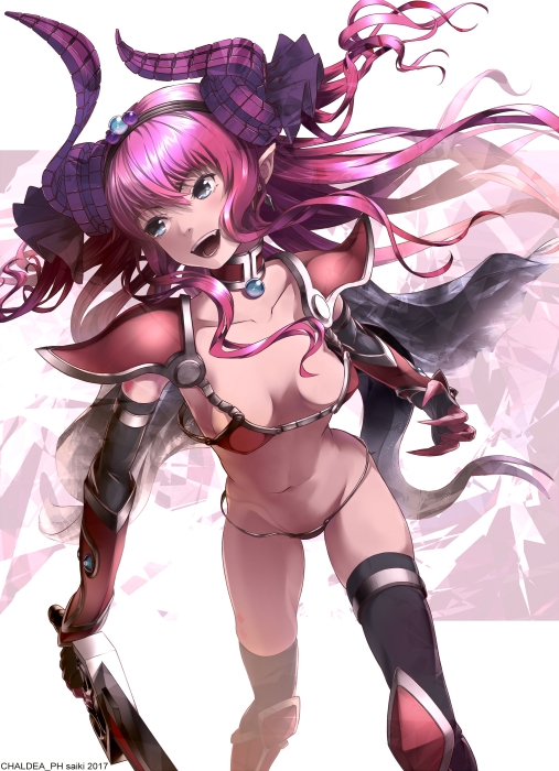 armor bikini_armor blue_eyes breasts claws dragon_girl dragon_horns dragon_tail elizabeth_bathory_(brave)_(fate) elizabeth_bathory_(fate)_(all) fate/grand_order fate_(series) hair_between_eyes horns long_hair navel open_mouth pointy_ears purple_hair red_armor saiki2 silver_trim small_breasts solo sword tail weapon