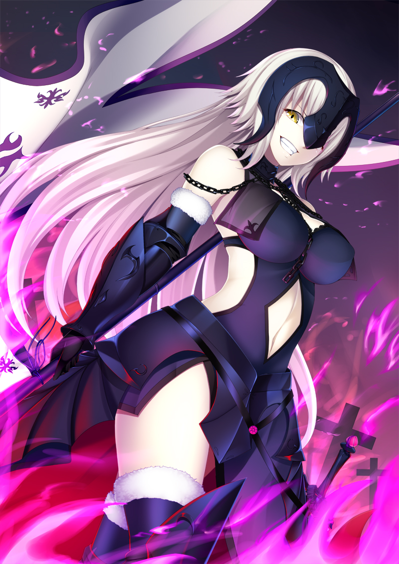 :d banner breasts chain cross dutch_angle fate/grand_order fate_(series) headpiece jeanne_d'arc_(alter)_(fate) jeanne_d'arc_(fate)_(all) large_breasts long_hair looking_at_viewer navel navel_cutout open_mouth side_cutout smile standard_bearer sword thighhighs thighs tsugaru_(co-walker) weapon yellow_eyes