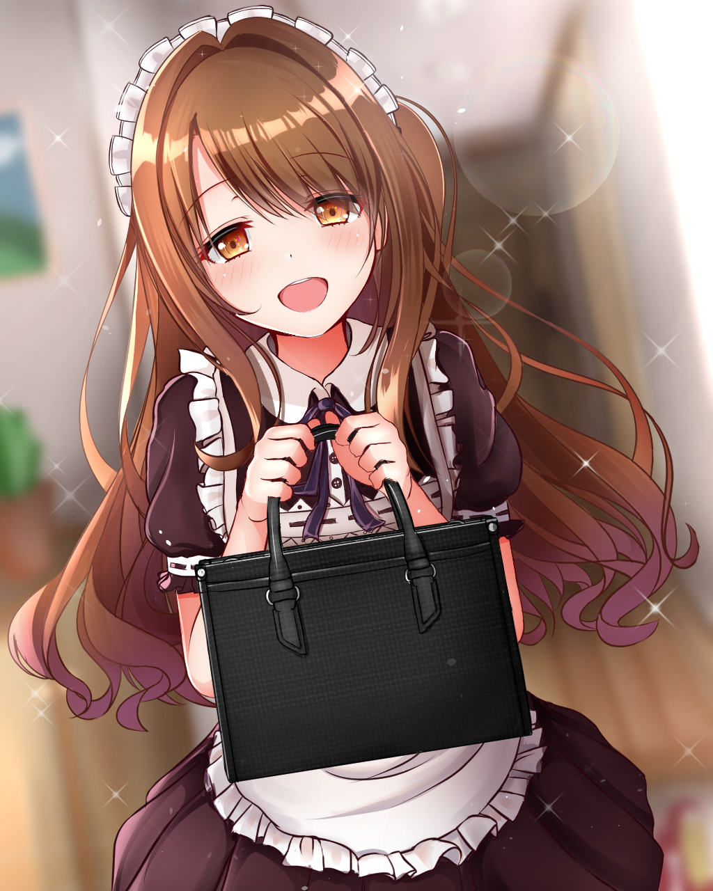 :d alternate_costume apron bag bangs black_ribbon blurry blurry_background blush brown_dress brown_hair buttons collared_dress commentary_request door dress dutch_angle enmaided eyebrows_visible_through_hair frilled_apron frills hair_between_eyes hair_intakes half-closed_eyes hallway hands_up highres holding idolmaster idolmaster_cinderella_girls idolmaster_cinderella_girls_starlight_stage indoors karu_(qqqtyann) lens_flare long_hair looking_at_viewer maid maid_headdress neck_ribbon one_side_up open_mouth orange_eyes photo_(object) plant potted_plant puffy_short_sleeves puffy_sleeves ribbon round_teeth shimamura_uzuki shiny shiny_hair short_sleeves sidelocks smile solo sparkle swept_bangs tareme teeth white_apron wooden_floor
