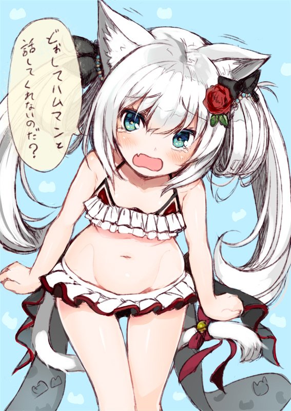 alternate_costume alternate_hairstyle animal_ears arms_at_sides azur_lane bell blue_eyes cat_ears cat_tail clenched_hands flower hair_flower hair_ornament hair_ribbon hammann_(azur_lane) long_hair looking_at_viewer minamura_haruki navel ribbon silver_hair simple_background solo speech_bubble swimsuit tail tail_bell tail_ribbon tears translation_request twintails