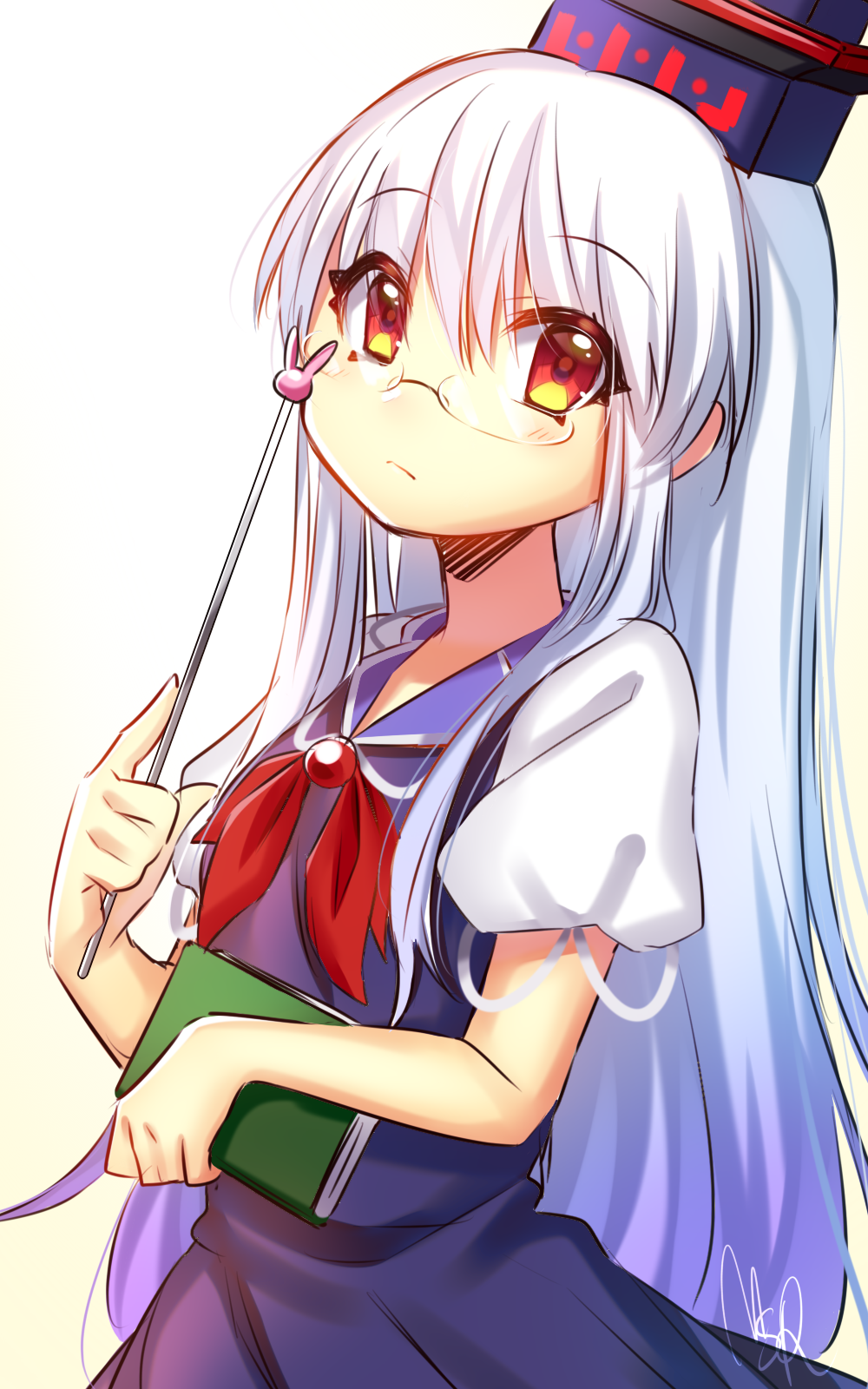 bangs blue_dress blue_hair blush closed_mouth commentary_request dress gradient_hair hat highres kamishirasawa_keine long_hair looking_at_viewer multicolored_hair orange_eyes puffy_short_sleeves puffy_sleeves rom short_sleeves sidelocks silver_hair solo touhou upper_body very_long_hair