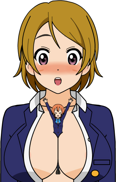 &gt;_&lt; 10s 2girls areola_slip areolae arms_up between_breasts blush breast_smother breasts brown_hair cleavage eyes_closed giantess hoshizora_rin koizumi_hanayo large_breasts love_live! love_live!_school_idol_project multiple_girls no_bra open_clothes open_mouth orange_hair purple_eyes school_uniform short_hair simple_background smile upper_body white_background