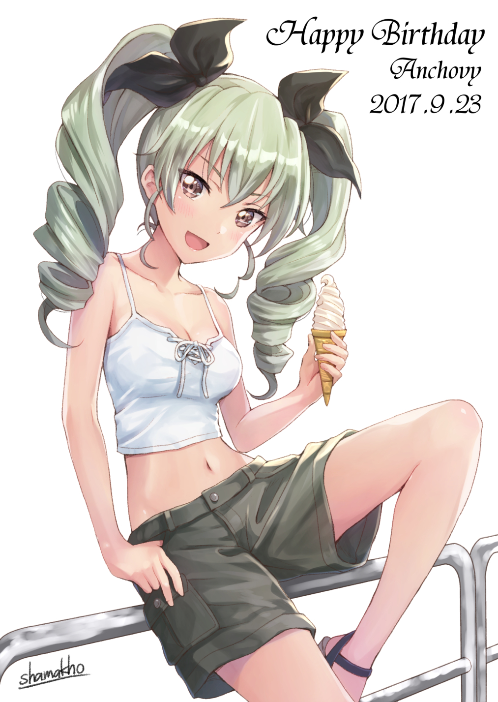 anchovy artist_name bare_shoulders black_ribbon blush breasts cargo_shorts character_name cleavage dated drill_hair food girls_und_panzer hair_ribbon happy_birthday highres ice_cream ice_cream_cup looking_at_viewer medium_breasts midriff navel purple_eyes railing ribbon shamakho shorts sitting_on_railing smile soft_serve solo thumb_in_pocket twin_drills twintails white_background