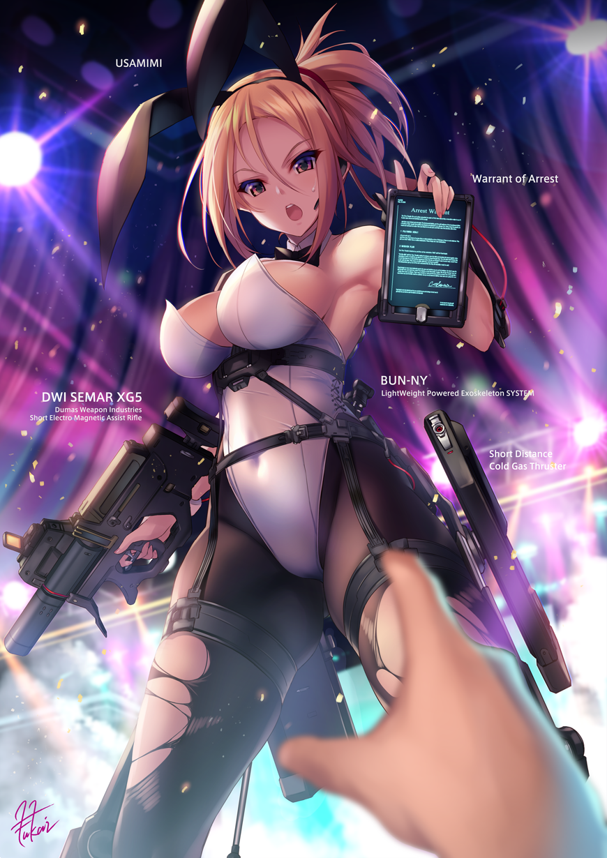 :o animal_ears arms_note arrest artist_name black_bow black_legwear black_neckwear blonde_hair blurry bow bowtie breasts brown_eyes bunny_ears bunnysuit covered_navel cowboy_shot depth_of_field detached_collar finger_on_trigger fukai_ryousuke gun hair_between_eyes hand_up headset highres holding large_breasts legs_apart leotard long_hair looking_at_viewer nightclub open_mouth out_of_frame pantyhose pov pov_hands rifle signature solo_focus spotlight standing strap strapless strapless_leotard tablet_pc torn_clothes torn_legwear tsurime v-shaped_eyebrows weapon white_leotard wrist_cuffs