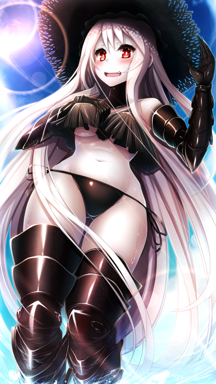 aircraft_carrier_oni aircraft_carrier_summer_oni armor armored_boots ass bangs bikini black_bikini black_gloves black_hat black_legwear blush boots breasts cloud collar day from_below fuuki_(te_fuukin) gloves hand_on_own_chest hat highres kantai_collection large_breasts lens_flare long_hair looking_at_viewer navel open_mouth pale_skin red_eyes shinkaisei-kan side-tie_bikini skindentation sky solo sun sun_hat swimsuit thigh_boots thighhighs underboob very_long_hair white_hair