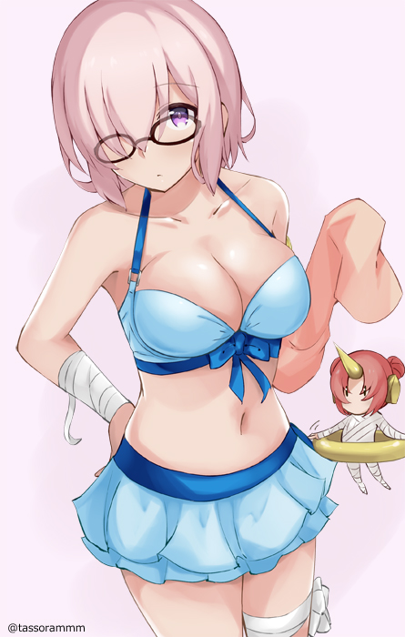 bandaged_arm bandages banned_artist bare_shoulders bikini bikini_skirt black-framed_eyewear blue_bikini blue_bow blush bow breasts chibi chibi_inset cleavage closed_mouth collarbone commentary_request cosplay cowboy_shot eyebrows_visible_through_hair fate/grand_order fate_(series) frankenstein's_monster_(fate) frankenstein's_monster_(swimsuit_saber)_(fate) frankenstein's_monster_(swimsuit_saber)_(fate)_(cosplay) glasses hair_over_one_eye halterneck hand_on_hip horn innertube large_breasts looking_at_viewer mash_kyrielight multiple_girls navel pink_background pink_hair short_hair simple_background solo_focus standing stomach swimsuit tareme tasora twitter_username