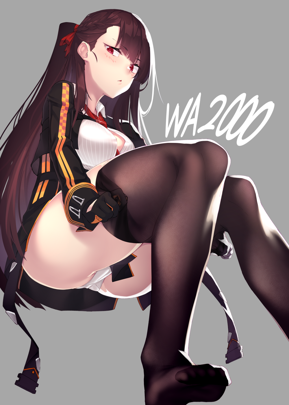 asymmetrical_bangs bangs between_breasts black_gloves black_legwear black_skirt blush breasts brown_hair character_name closed_mouth collared_shirt cropped_jacket dev dressing error eyebrows_visible_through_hair feet_out_of_frame from_below girls_frontline gloves grey_background high-waist_skirt highres jacket long_hair long_sleeves looking_at_viewer md5_mismatch medium_breasts necktie one_side_up open_clothes open_jacket panties pantyhose pantyhose_pull purple_eyes red_neckwear shirt simple_background sitting skirt solo thighs tsurime underbust underwear wa2000_(girls_frontline) white_panties white_shirt