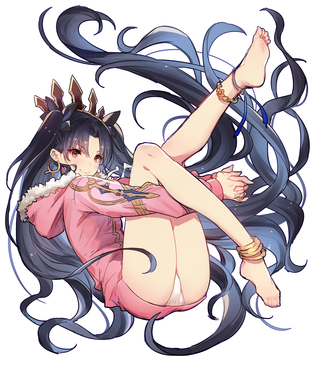 absurdly_long_hair anklet barefoot black_hair closed_mouth earrings fate/grand_order fate_(series) full_body fur_trim hair_ornament hair_ribbon hands_together highres hood hooded_jacket ishtar_(fate/grand_order) ishtar_(swimsuit_rider)_(fate) jacket jewelry legs legs_up long_hair long_legs oro_(sumakaita) red_eyes ribbon smile solo twintails very_long_hair white_background