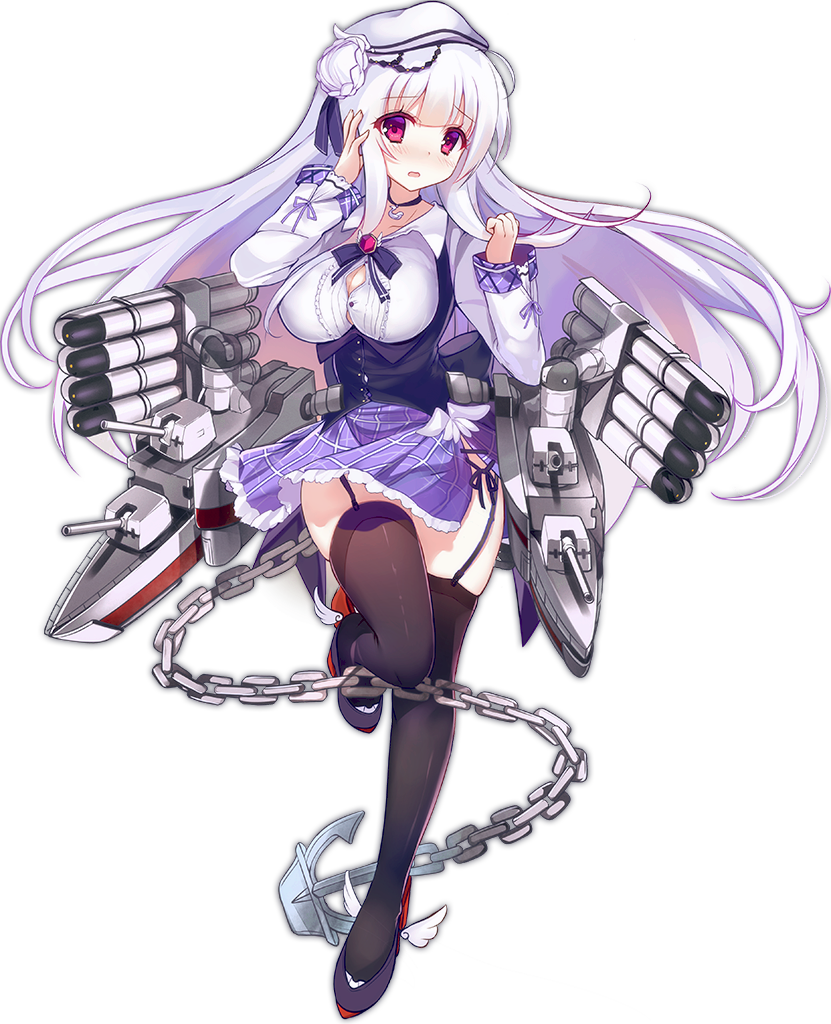 anchor azur_lane bangs black_legwear black_ribbon black_vest blush breasts bursting_breasts chain choker cleavage collared_shirt cygnet_(azur_lane) double_bun embarrassed eyebrows_visible_through_hair full_body garter_straps hand_on_own_face hat hecha_(swy1996228) large_breasts long_hair long_sleeves looking_at_viewer machinery neck_ribbon official_art parted_lips red_eyes remodel_(azur_lane) ribbon shirt skindentation skirt solo standing standing_on_one_leg tachi-e thighhighs torpedo torpedo_tubes transparent_background vest white_hair white_shirt
