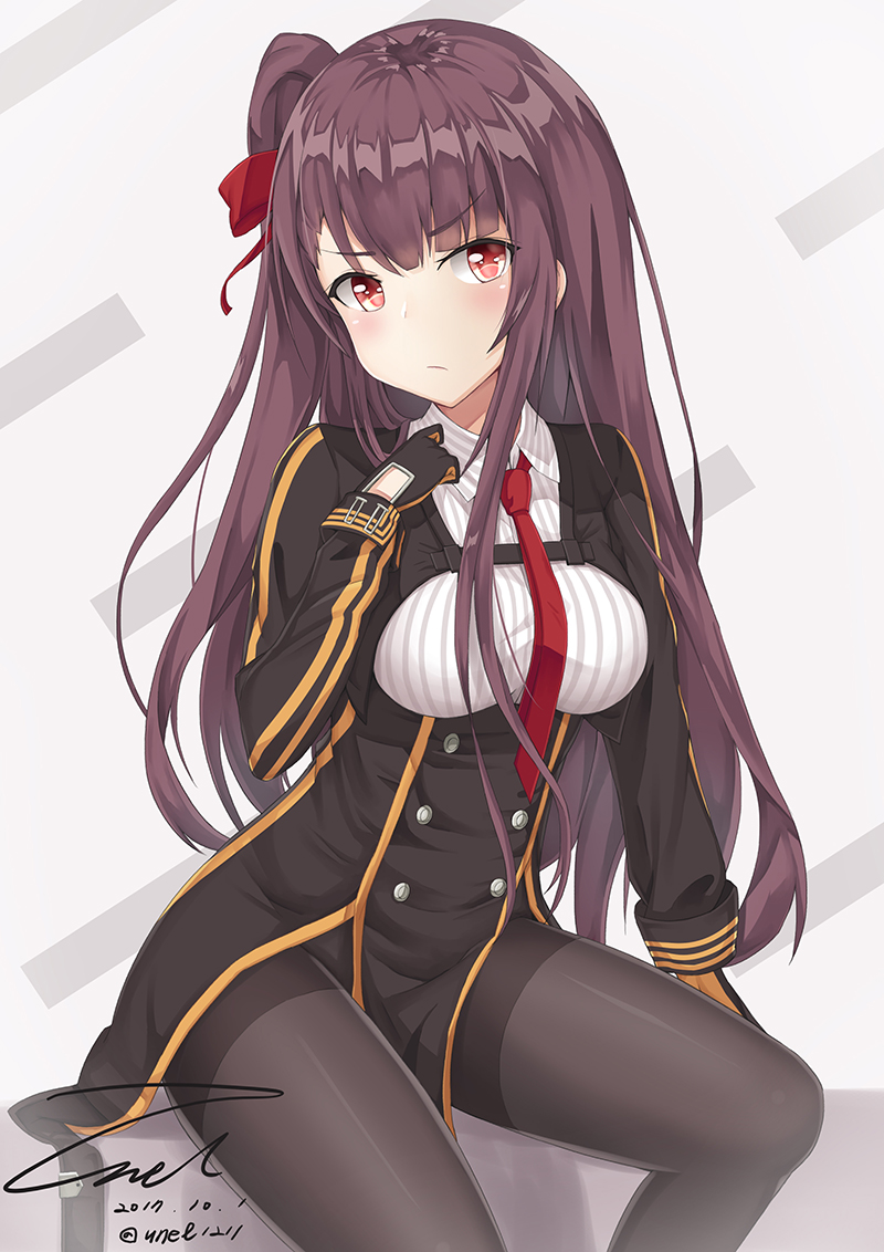 artist_name bangs black_dress black_gloves black_legwear blush closed_mouth collared_shirt commentary cropped_jacket dated dress girls_frontline gloves jacket long_hair long_sleeves looking_at_viewer military military_uniform necktie one_side_up open_clothes open_jacket pantyhose pelvic_curtain purple_hair red_eyes red_neckwear shirt sidelocks signature sitting solo strap thighband_pantyhose thighs twitter_username underbust unel uniform wa2000_(girls_frontline) white_shirt