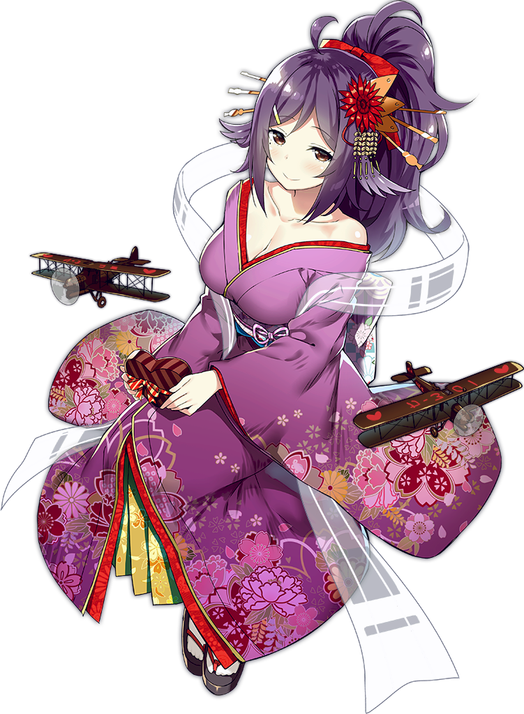 ahoge aircraft alternate_costume alternate_hairstyle azur_lane b1m breasts brown_eyes chocolate chocolate_heart cleavage flower full_body hagoromo hair_flower hair_ornament heart houshou_(azur_lane) japanese_clothes kimono large_breasts machinery off_shoulder official_art purple_hair shawl sky_(freedom) smile socks solo tachi-e transparent_background