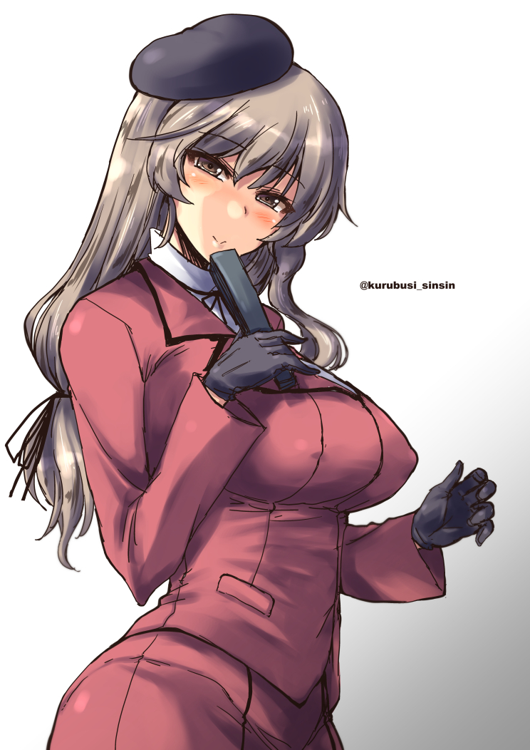 beret black_gloves breasts brown_eyes fan girls_und_panzer gloves grey_hair hat huge_breasts long_hair looking_at_viewer shimada_chiyo shinshin simple_background smile solo twitter_username white_background