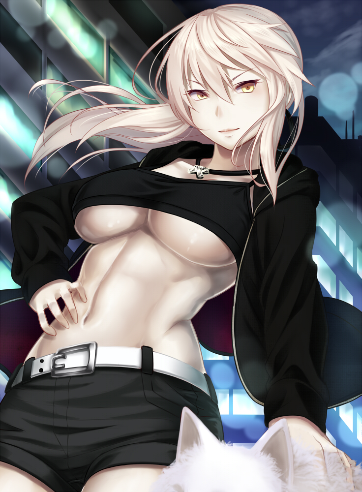 artoria_pendragon_(all) belt black_jacket black_pants blonde_hair breasts commentary_request dog eyebrows_visible_through_hair fate/grand_order fate_(series) hair_between_eyes jacket jewelry koko_(koko3) long_hair looking_at_viewer looking_down medium_breasts navel necklace open_clothes open_jacket pants saber_alter solo underboob yellow_eyes