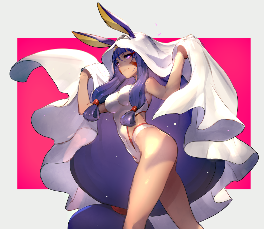 animal_ears bangs bare_legs blunt_bangs breasts commentary dark_skin egyptian facial_mark fate/grand_order fate_(series) from_side hair_between_eyes jackal_ears long_hair looking_at_viewer looking_to_the_side low-tied_long_hair medium_breasts nitocris_(fate/grand_order) nitocris_(swimsuit_assassin)_(fate) one-piece_swimsuit oro_(sumakaita) pink_eyes purple_hair smile solo swimsuit thighs very_long_hair