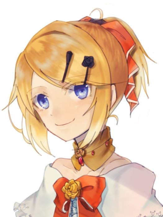 aku_no_musume_(vocaloid) bare_shoulders black_flower black_rose blonde_hair blue_eyes bow choker collarbone dress_bow earrings evillious_nendaiki eyebrows_visible_through_hair face flower hair_bow hair_ornament hairclip jewelry kagamine_rin looking_at_viewer mayo_(mayone-u) portrait riliane_lucifen_d'autriche rose smile solo updo vocaloid yellow_flower yellow_rose