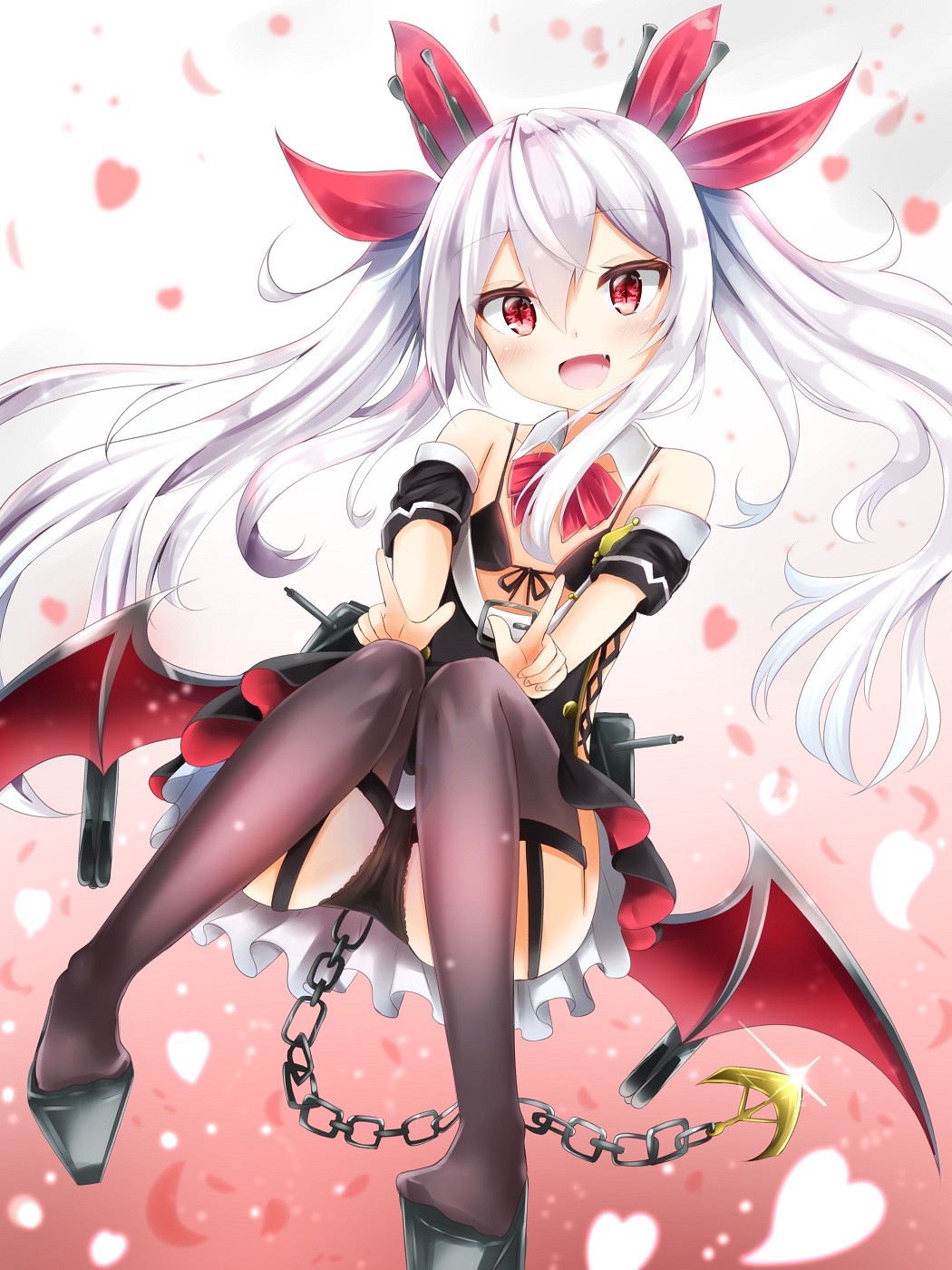 azur_lane bare_shoulders bat_wings belt black_legwear blush breasts chain commentary_request fang hair_between_eyes hair_ornament highres long_hair looking_at_viewer open_mouth red_eyes renka_(cloudsaikou) ribbon skirt small_breasts solo thighhighs twintails underwear vampire_(azur_lane) white_hair wings