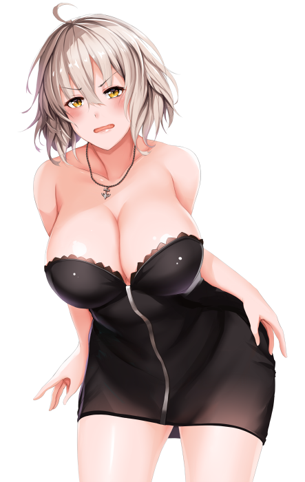 ahoge bangs bare_shoulders black_dress blush breasts cleavage collarbone commentary_request cowboy_shot dress fate/grand_order fate_(series) hanada_yanochi jeanne_d'arc_(alter)_(fate) jeanne_d'arc_(fate)_(all) jewelry large_breasts leaning_forward looking_at_viewer necklace parted_lips short_dress short_hair silver_hair simple_background solo white_background yellow_eyes