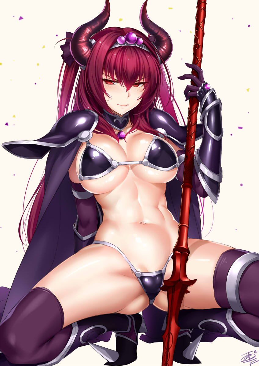 abs alternate_color angry arm_behind_back arm_support armlet armor armored_boots ass_visible_through_thighs bangs bikini_armor black_armor boots breasts cape commentary confetti cosplay crotch elbow_gloves elizabeth_bathory_(brave)_(fate) elizabeth_bathory_(brave)_(fate)_(cosplay) elizabeth_bathory_(fate)_(all) embarrassed fate/grand_order fate_(series) gae_bolg gem gloves gorget greaves hair_between_eyes hair_ribbon highres horns large_breasts long_hair navel okitakung pauldrons polearm purple_gloves purple_hair purple_legwear purple_ribbon red_eyes ribbon scathach_(fate)_(all) scathach_(fate/grand_order) shoulder_armor signature silver_trim simple_background solo spaulders spear spread_legs squatting sweatdrop thighs tiara tied_hair twintails v-shaped_eyebrows vambraces weapon white_background