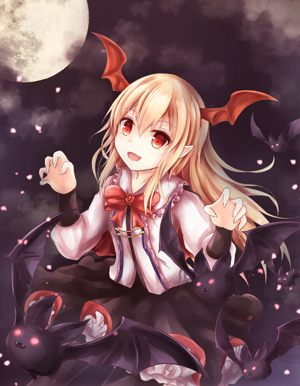 :d bangs bat bat_wings black_skirt blonde_hair blush bow bowtie collared_shirt commentary_request cowboy_shot fang frilled_skirt frills full_moon granblue_fantasy head_wings highres kashiwagi_yamine long_hair long_sleeves looking_at_viewer moon night open_mouth pantyhose pointy_ears red_bow red_eyes red_neckwear shadowverse shingeki_no_bahamut shirt skirt smile solo vampire vampy white_shirt wings