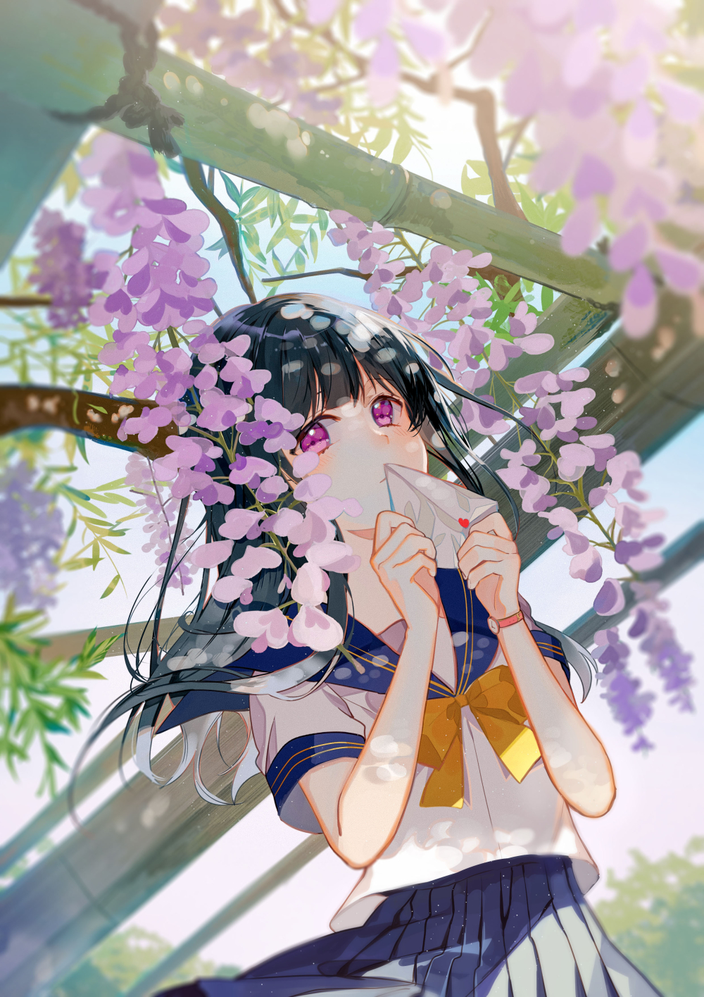 bangs black_hair blue_skirt blue_sky bow bowtie covering_mouth day flower gradient_hair heart highres holding holding_letter letter long_hair looking_at_viewer love_letter multicolored_hair omutatsu original outdoors pink_eyes pleated_skirt school_uniform serafuku short_sleeves skirt sky sunlight watch wisteria wristwatch yellow_bow yellow_neckwear