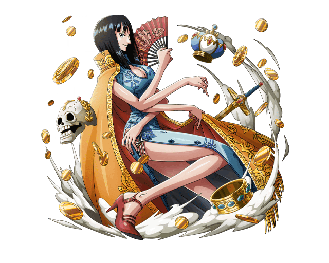 black_hair blue_dress blue_eyes bodskih breasts cleavage cleavage_cutout dress fan high_heels holding holding_fan large_breasts long_hair looking_at_viewer nico_robin one_piece red_footwear shiny shiny_skin shoes skull sleeveless sleeveless_dress solo sword transparent_background weapon