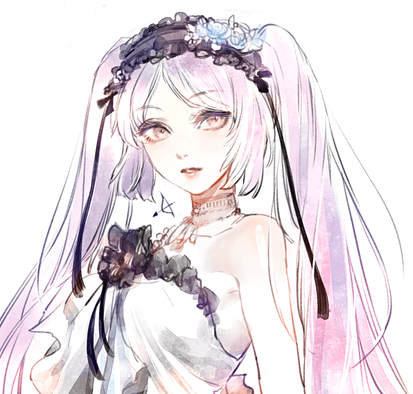 bangs bare_shoulders detached_collar dress euryale eyebrows_visible_through_hair fate/grand_order fate_(series) frilled_hairband frills hairband jewelry lavender_hair long_hair looking_at_viewer necklace parted_bangs parted_lips simple_background solo tenobe twintails very_long_hair white_background white_dress yellow_eyes