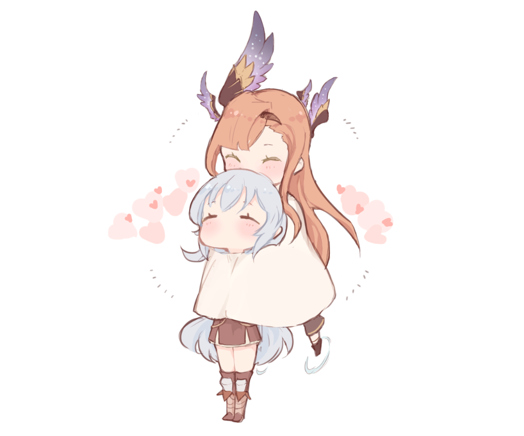 bed_sheet blush_stickers brown_hair closed_eyes colorized floating granblue_fantasy hair_ornament hairband heart hug hug_from_behind long_hair multiple_girls over-kneehighs saviala silva_(granblue_fantasy) silver_hair skirt song_(granblue_fantasy) thighhighs wavy_hair white_background