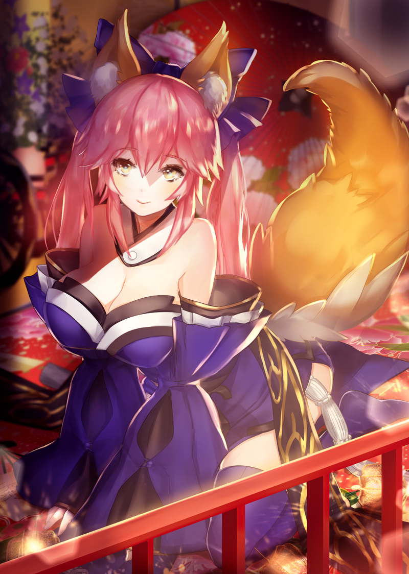 animal_ears blue_legwear breasts cleavage detached_sleeves ekm fate/extra fate/extra_ccc fate/grand_order fate_(series) fox_ears fox_tail hair_ribbon japanese_clothes large_breasts looking_at_viewer pink_hair ribbon sitting smile solo tail tamamo_(fate)_(all) tamamo_no_mae_(fate) yellow_eyes