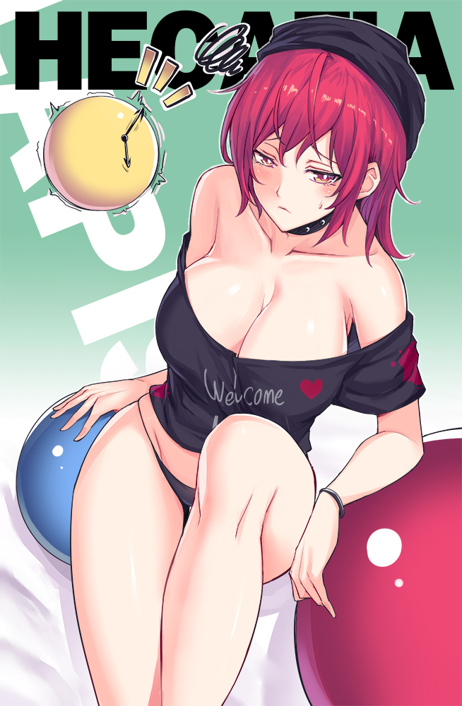 bangs bare_arms bare_legs bare_shoulders black_hat black_panties black_shirt bracelet breasts character_name chinese choker cleavage clothes_writing collarbone commentary_request hat hecatia_lapislazuli jewelry koissa large_breasts looking_at_viewer no_pants off-shoulder_shirt panties red_eyes red_hair shirt sitting solo squiggle sweatdrop t-shirt touhou underwear