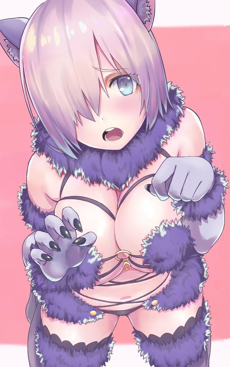 animal_ears bare_shoulders blue_eyes blush breasts chikuwa_(garakuta_waakusu) commentary_request cowboy_shot dangerous_beast elbow_gloves fate/grand_order fate_(series) fur_trim gloves hair_over_one_eye halloween_costume highres large_breasts lavender_hair leaning_forward looking_at_viewer mash_kyrielight o-ring o-ring_top open_mouth purple_gloves revealing_clothes short_hair solo thighhighs wolf_ears