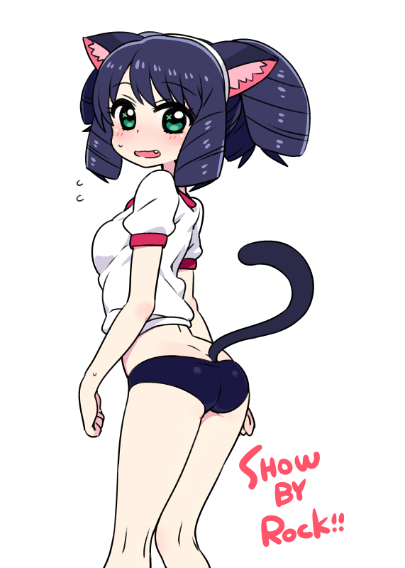 animal_ears ass bangs blue_buruma blue_hair blush buruma cat_ears cat_girl cat_tail chan_co commentary_request copyright_name cyan_(show_by_rock!!) drill_hair eyebrows_visible_through_hair fang flying_sweatdrops from_behind green_eyes gym_shirt gym_uniform looking_at_viewer looking_back parted_lips puffy_short_sleeves puffy_sleeves shirt short_sleeves show_by_rock!! simple_background solo standing sweat symbol_in_eye tail white_background white_shirt