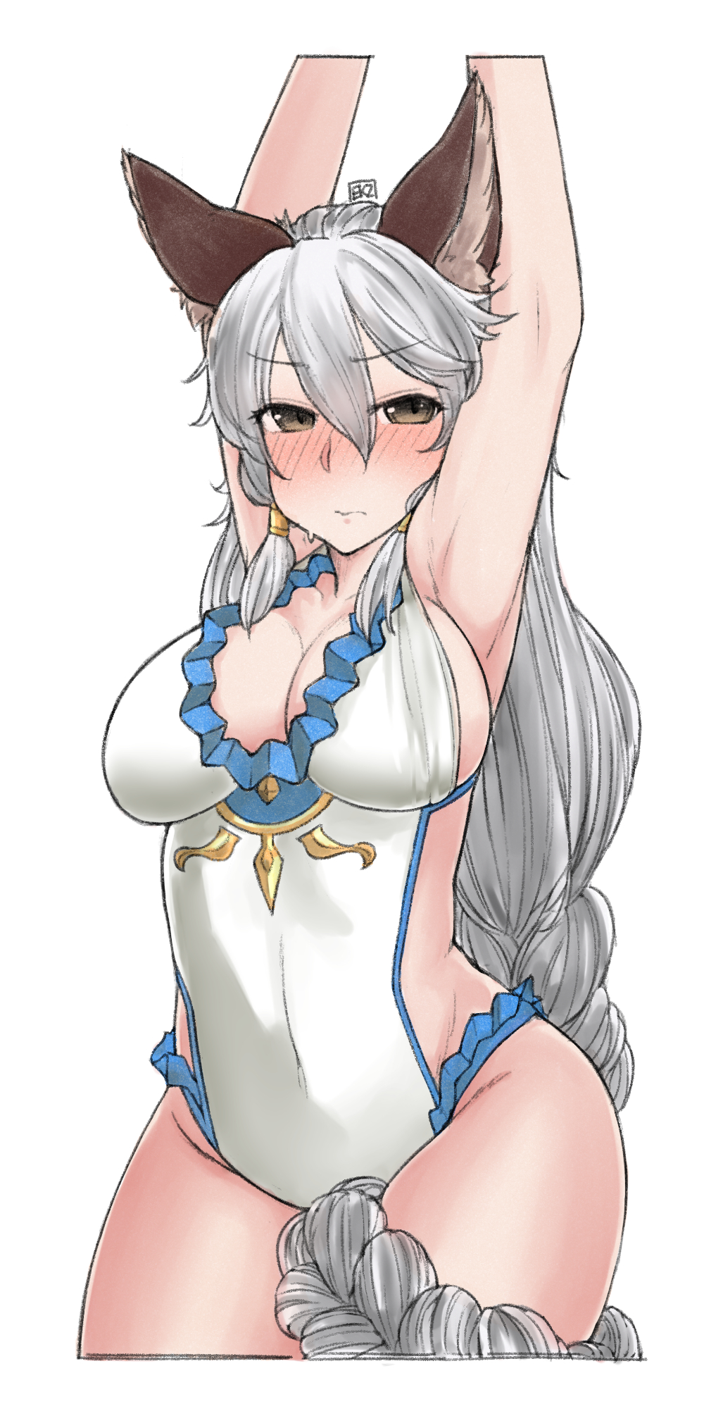3: animal_ears armpits arms_up blush breasts brown_eyes casual_one-piece_swimsuit closed_mouth collarbone cowboy_shot cropped_arms cropped_legs ekz_(drawfag) erune eyebrows_visible_through_hair frilled_swimsuit frills granblue_fantasy groin hair_between_eyes head_tilt heles highres large_breasts long_hair looking_at_viewer nose_blush one-piece_swimsuit silver_hair simple_background sketch solo swimsuit very_long_hair white_background white_swimsuit