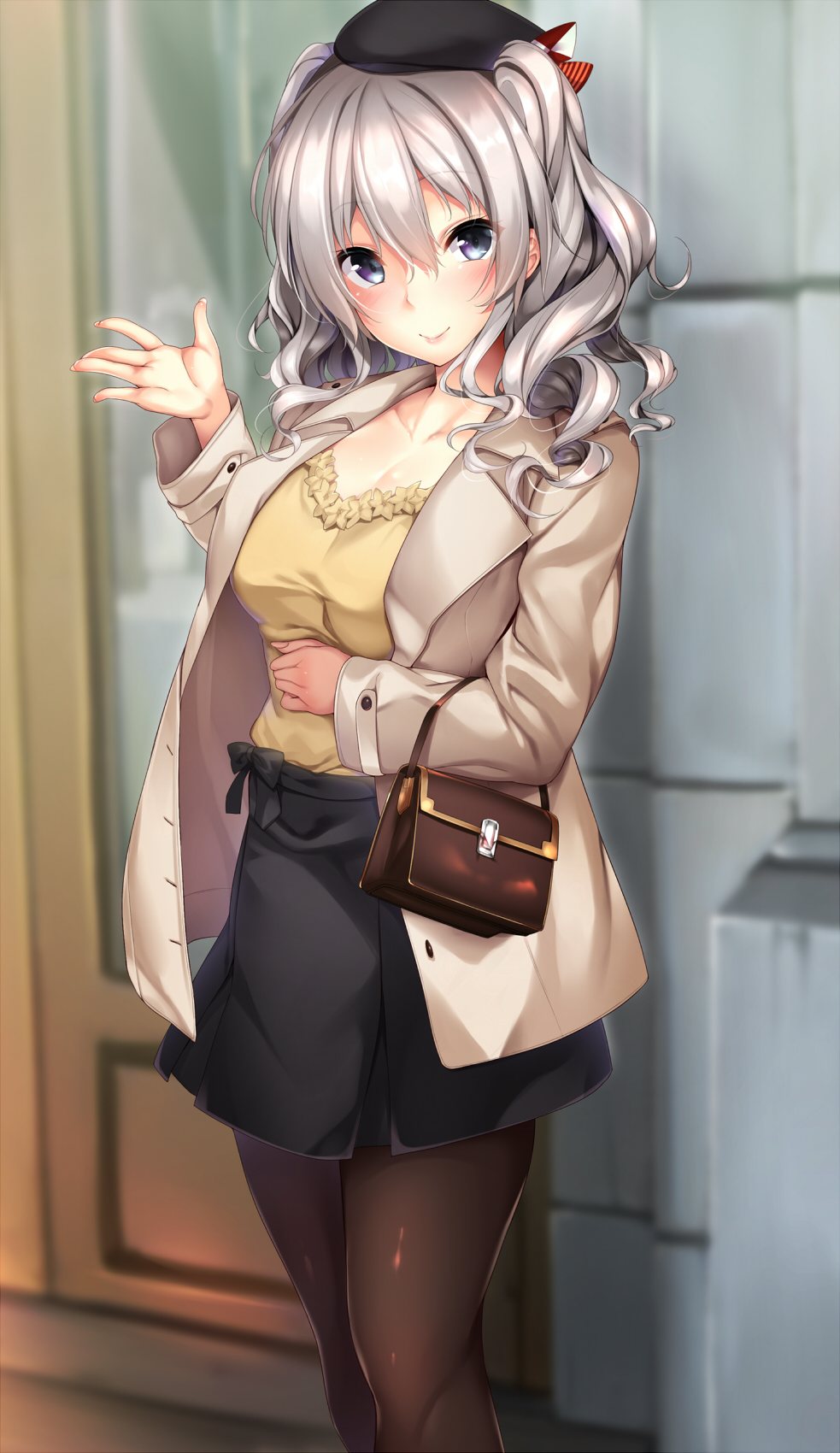 bag beret black_hat black_skirt blue_eyes blurry blush breasts cleavage collarbone commentary_request depth_of_field doors eyebrows_visible_through_hair grey_jacket hair_between_eyes hair_ribbon handbag hat highres jacket kantai_collection kashima_(kantai_collection) lips long_hair long_sleeves medium_breasts mitsukoshi_(department_store) nironiro open_clothes open_jacket outdoors outstretched_hand pantyhose ribbon shirt silver_hair skirt smile solo spread_fingers standing twintails wall wavy_hair yellow_shirt