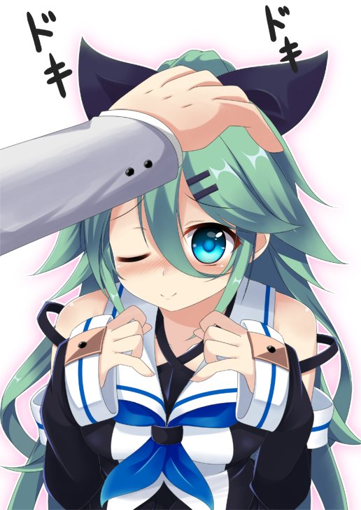 ;) bare_shoulders black_ribbon black_serafuku blue_eyes blue_neckwear blush commentary_request detached_sleeves eyebrows_visible_through_hair green_hair hair_between_eyes hair_ornament hairclip hand_on_another's_head kantai_collection long_hair looking_at_viewer neckerchief one_eye_closed out_of_frame peta_(taleslove596) petting ribbon school_uniform serafuku smile solo_focus white_background yamakaze_(kantai_collection)